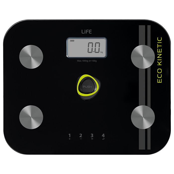 Battery-free γυάλινη ψηφιακή ζυγαριά μπάνιου με λιπομέτρηση, 6 σε 1. LiFE KINETIC