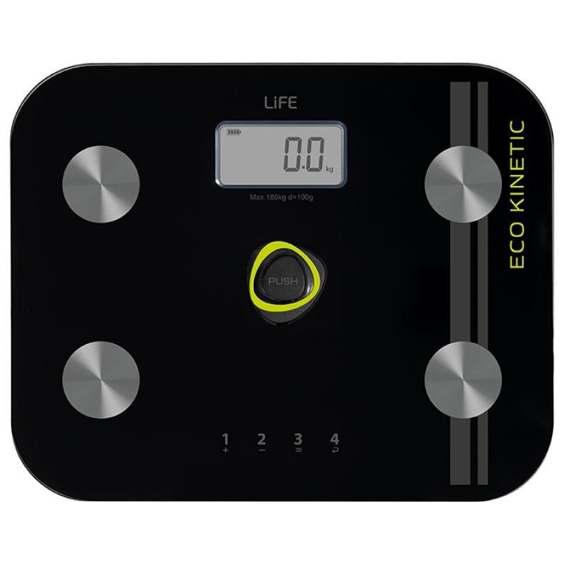 Battery-free γυάλινη ψηφιακή ζυγαριά μπάνιου με λιπομέτρηση, 6 σε 1. LiFE KINETIC