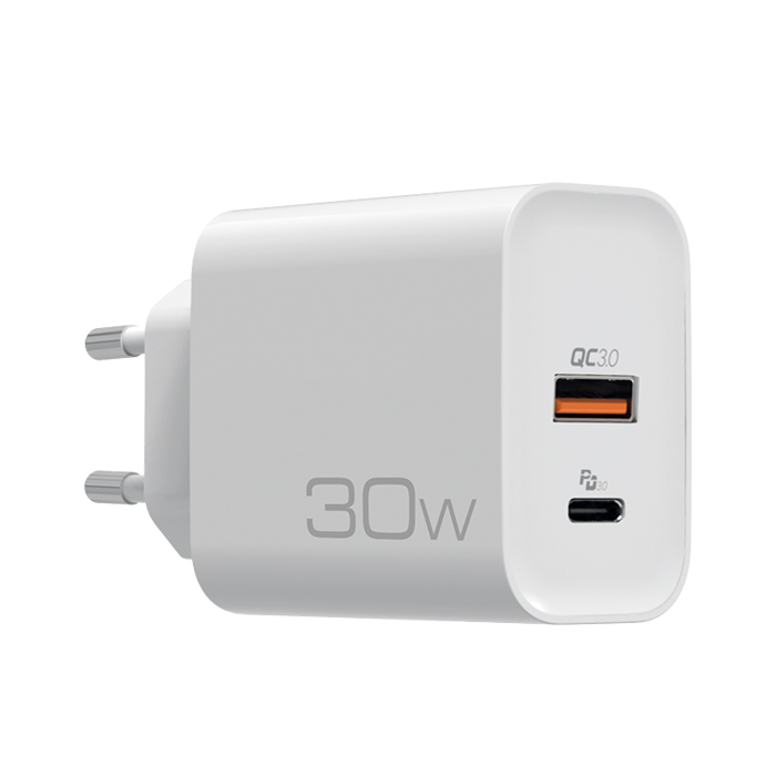Universal οικιακός φορτιστής USB-A QC3.0 & USB-C PD3.0 30W, σε λευκό χρώμα. NOD E-WALL AC30