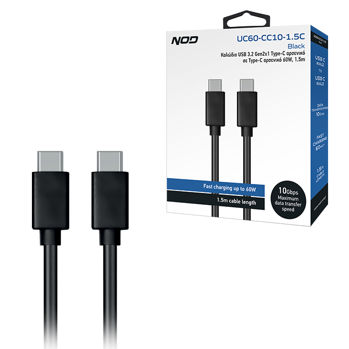 Καλώδιο USB 3.2 Gen2x1 Τype-C αρσενικό σε Τype-C αρσενικό 60W, 1.5m NOD UC60-CC10-1.5C