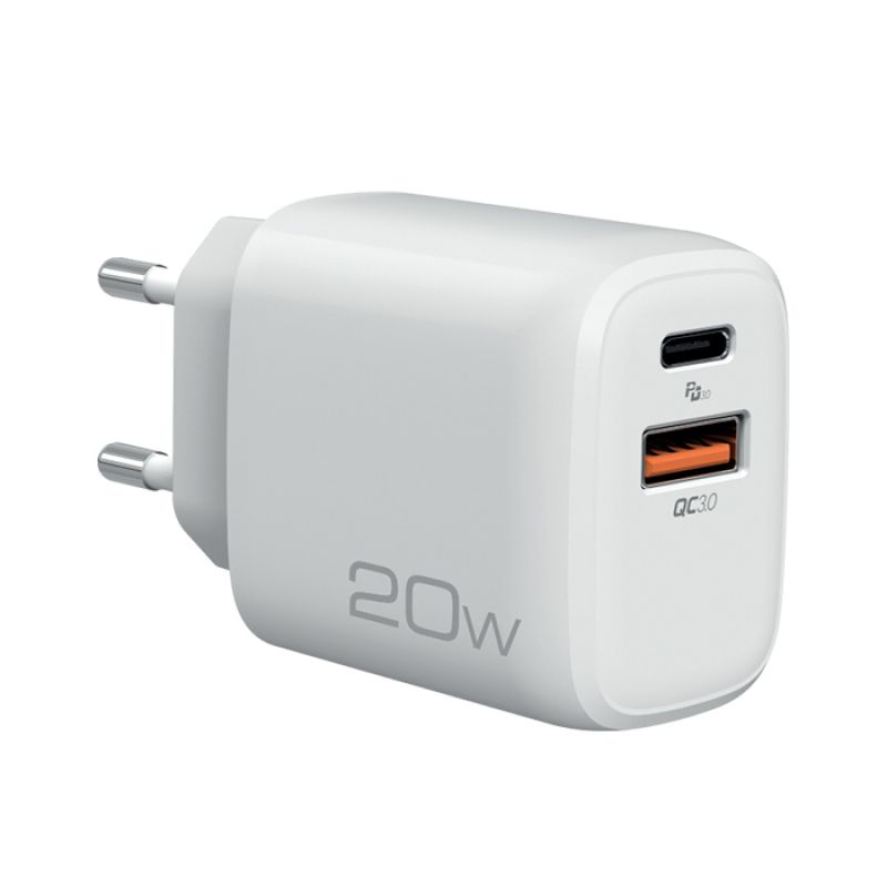 Universal οικιακός φορτιστής USB-A QC3.0 & USB-C PD3.0 20W, σε λευκό χρώμα. NOD E-WALL AC20