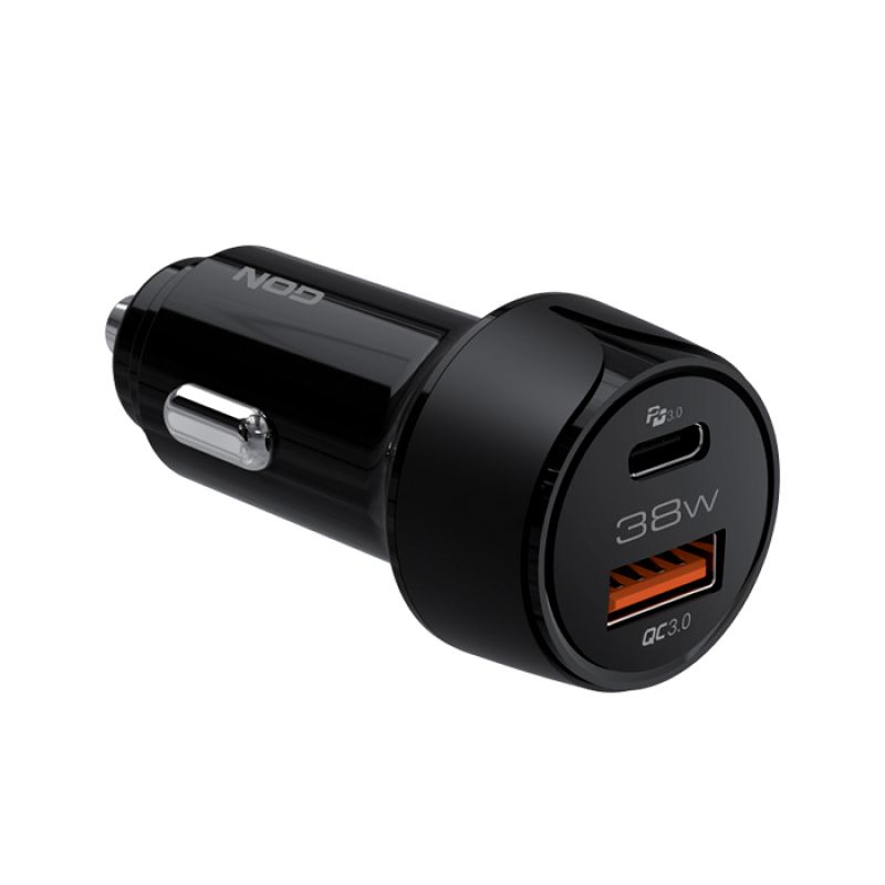 Universal φορτιστής αυτοκινήτου USB-A QC3.0 & USB-C PD3.0 38W, σε μαύρο χρώμα. NOD E-CAR AC38