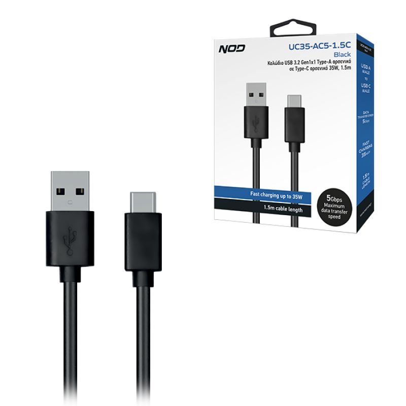 Καλώδιο USB 3.2 Gen1x1 Τype-A αρσενικό σε Τype-C αρσενικό 35W, 1.5m NOD UC35-AC5-1.5C