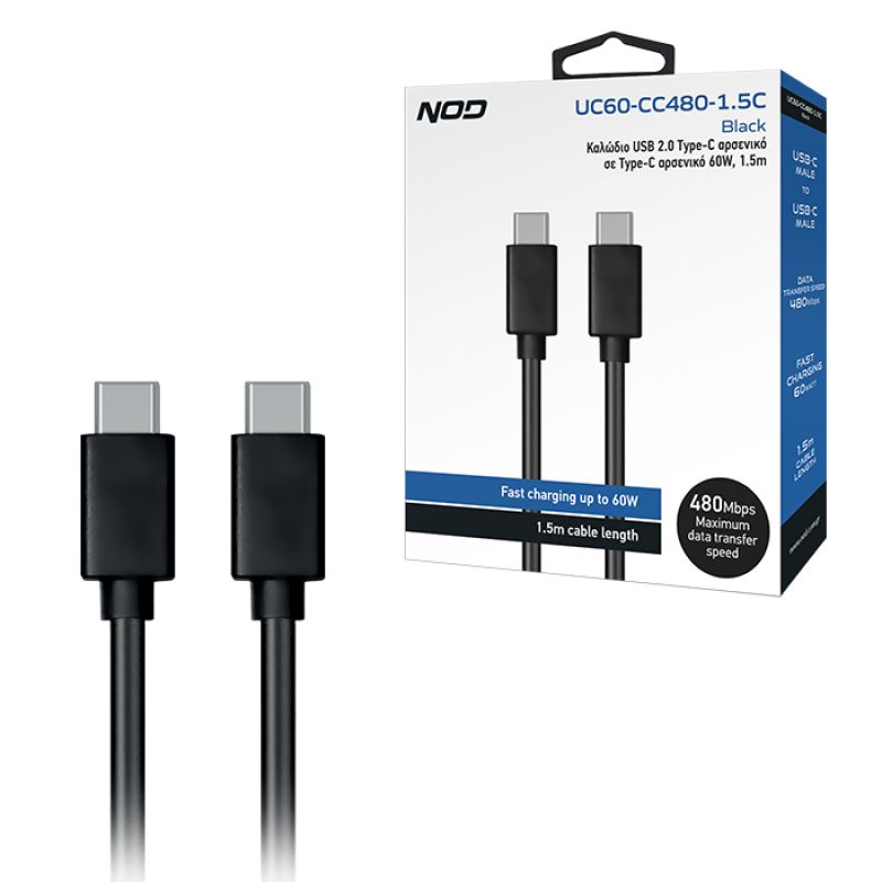 Καλώδιο USB 2.0 Τype-C αρσενικό σε Τype-C αρσενικό 60W, 1.5m NOD UC60-CC480-1.5C