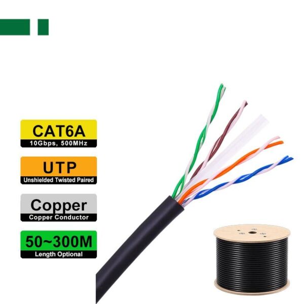 CAT6A-CU300P  CAT 6A UTP καθαρός χαλκός Conductor,PET, 300m,  Black Color PE outsheathed, with wooden roll