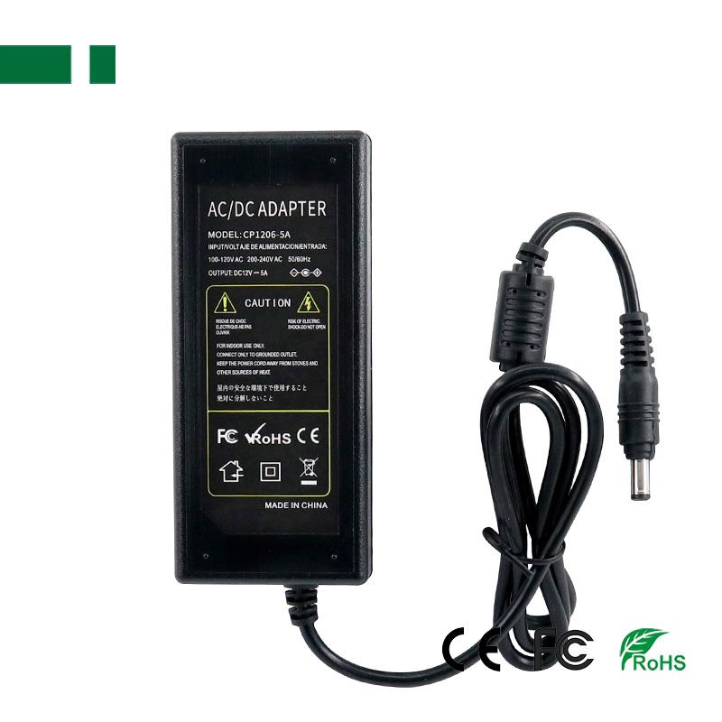 CP1206-5A 12V/5A/60W Ενισχυμένο σταθεροποιημένο τροφοδοτικό, εμπεριέχεται διακλαδωτής καλωδίου 1/8, με βύσμα 5,5mm/2,5mm + καλώδιο τροφοδοσίας AC