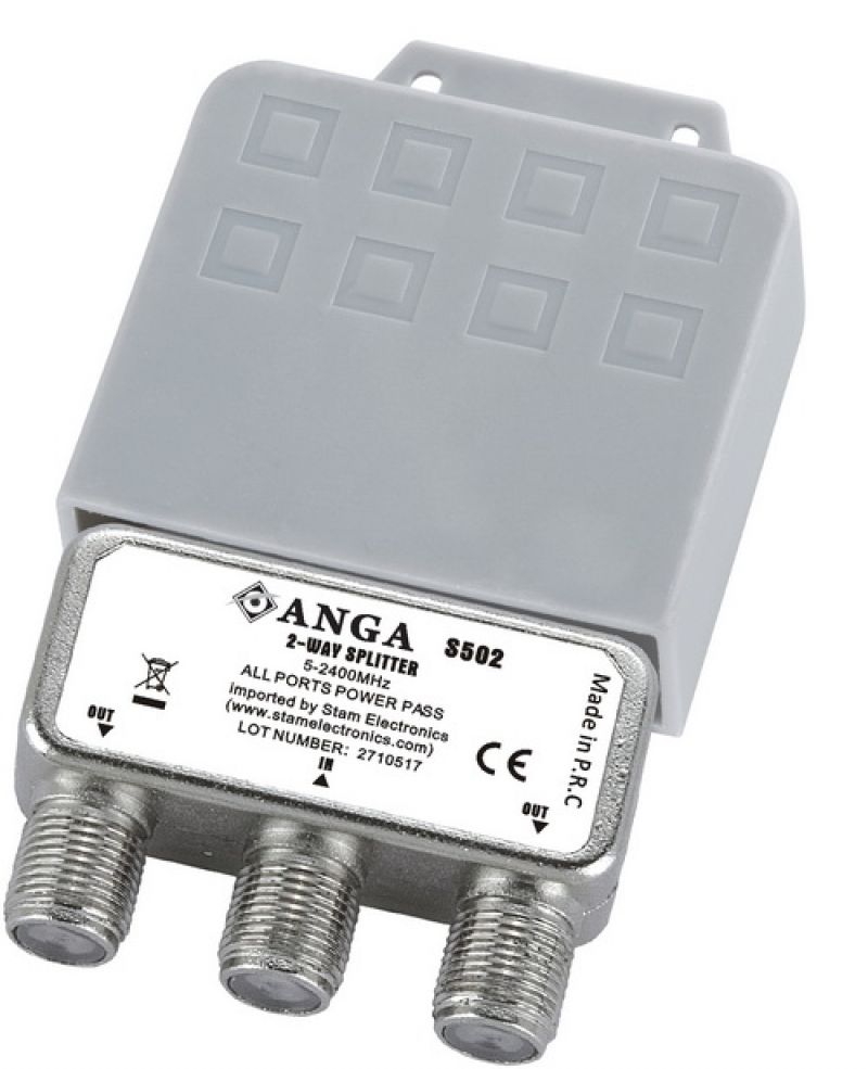 S502 Splitter 2 Εξόδων ιστού TV/SAT 5- 2400MHz Με διέλευση τάσης με αδιάβροχη θήκη