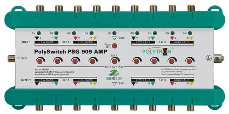PSG 909 AMP Ενισχυτής Γραμμής 9/9, 2 Δορυφόροι + 1 Επίγεια, 9 εξόδων, 15-24dB Sat 17dB, με Τροφοδοτικό, POLYTRON