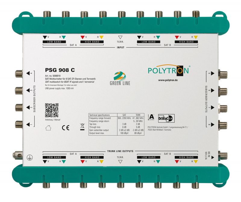 PSG 908 C Επεκτεινόμενος Πολυδιακόπτης 9/8 ACTIVE(2 Δορυφόροι+Επίγεια-8 Εξόδους)POLYTRON