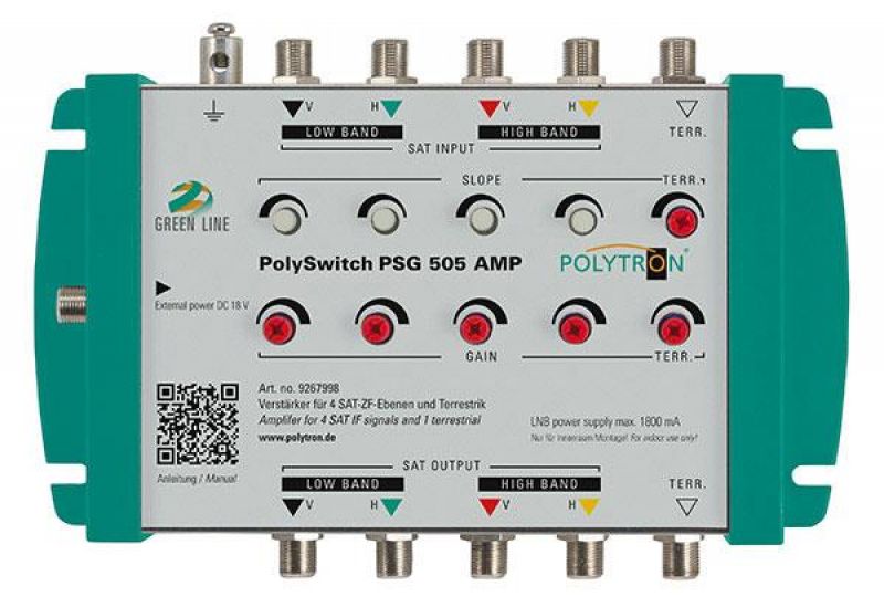 PSG 505 AMP Ενισχυτής Γραμμής 5/5, 1 δορυφόρος + 1 επίγεια, 5 εξόδων, 21dB Sat, 15 dB, με  Τροφοδοτικό, POLYTRON