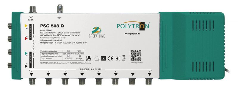 PSG 508 Q Επεκτεινόμενος Πολυδιακόπτης 5/8 ACTIVE (4 Δορυφόροι+ Επίγεια-8 Εξόδους) με τροφοδοτικό POLYTRON