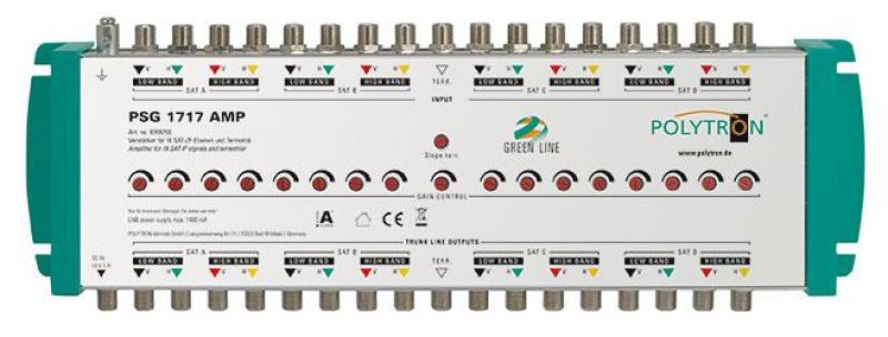 PSG 1717 AMP Ενισχυτής Γραμμής 17/17, 4 δορυφόροι + 1 επίγεια, 17 εξόδων, 13-20 dB, Sat, 17 dB, με Τροφοδοτικό, POLYTRON